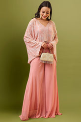 Peach Georgette Sequin Beaded Cape Top and Palazzo Set
